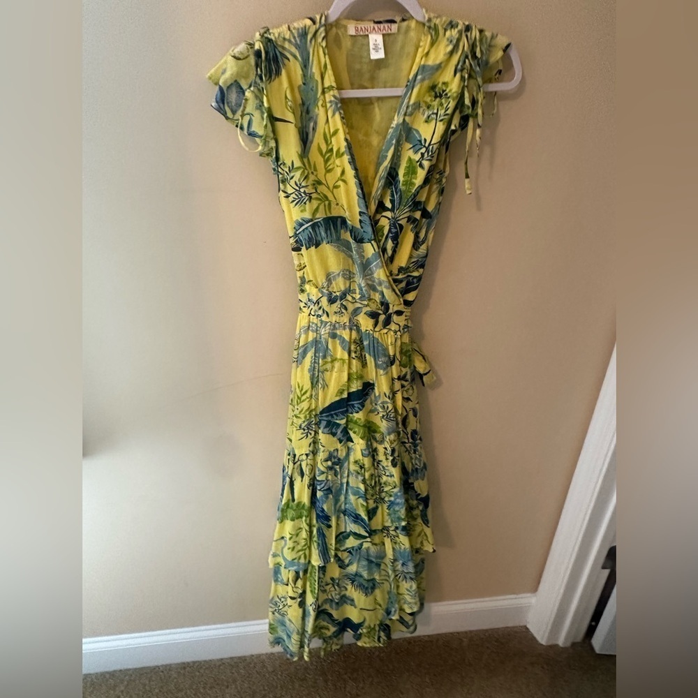 Banjanan Yellow and Blue Tropical Wrap Midi Dress